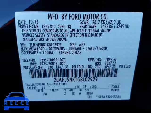 2016 LINCOLN MKT 2LMHJ5NK1GBL02929 зображення 9