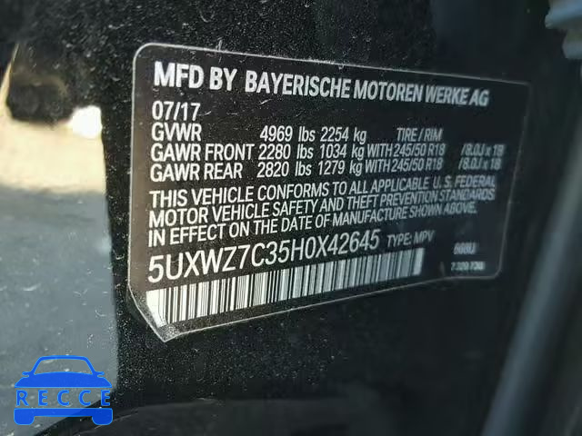 2017 BMW X3 SDRIVE2 5UXWZ7C35H0X42645 зображення 9