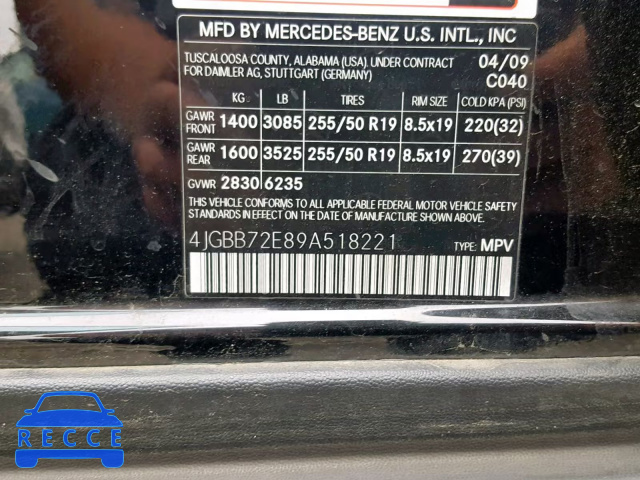 2009 MERCEDES-BENZ ML 550 4JGBB72E89A518221 зображення 9