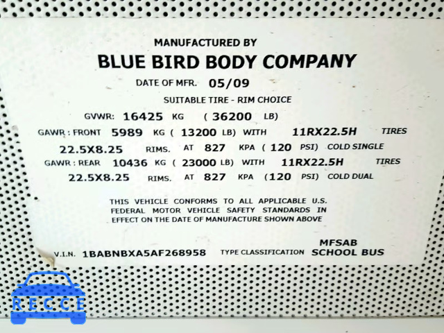 2010 BLUE BIRD SCHOOL BUS 1BABNBXA5AF268958 зображення 9