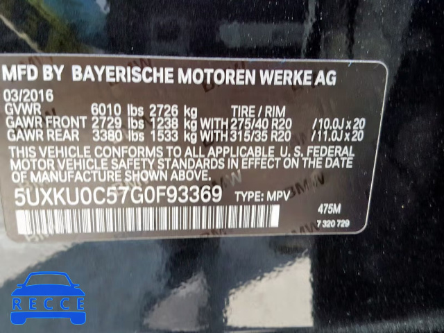 2016 BMW X6 SDRIVE3 5UXKU0C57G0F93369 image 9