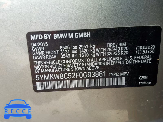 2015 BMW X6 M 5YMKW8C52F0G93881 зображення 9