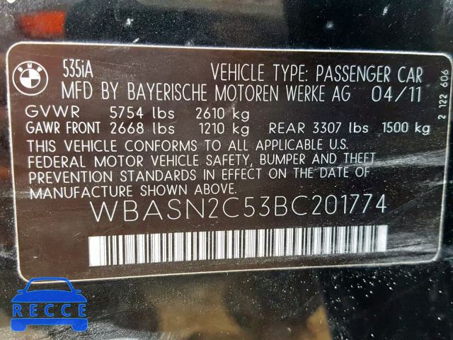 2011 BMW 535 GT WBASN2C53BC201774 зображення 9
