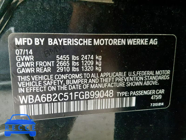 2015 BMW 650 I WBA6B2C51FGB99048 зображення 9