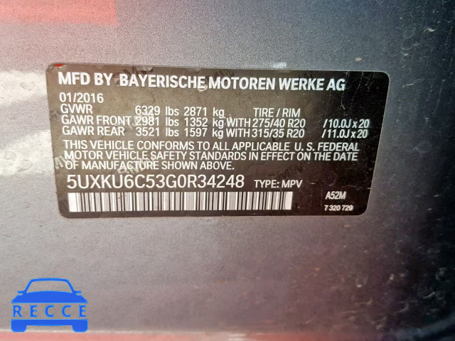 2016 BMW X6 XDRIVE5 5UXKU6C53G0R34248 Bild 9