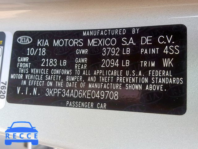 2019 KIA FORTE GT L 3KPF34AD6KE049708 image 9