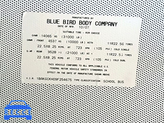2009 BLUE BIRD SCHOOL BUS 1BAKGCKH09F254675 image 9