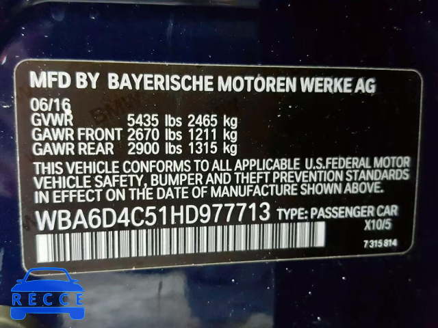 2017 BMW 650 I WBA6D4C51HD977713 зображення 9