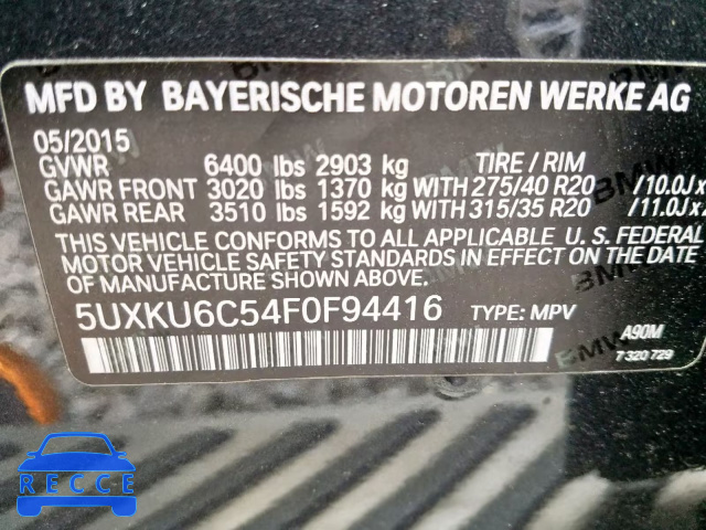 2015 BMW X6 XDRIVE5 5UXKU6C54F0F94416 зображення 9