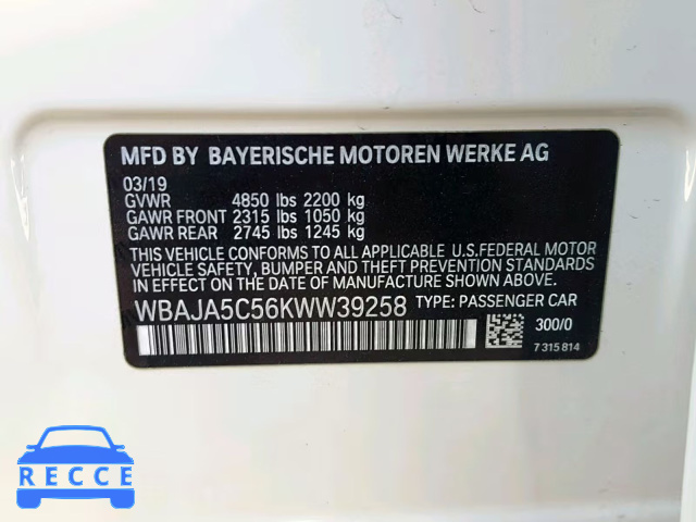 2019 BMW 530 I WBAJA5C56KWW39258 image 9