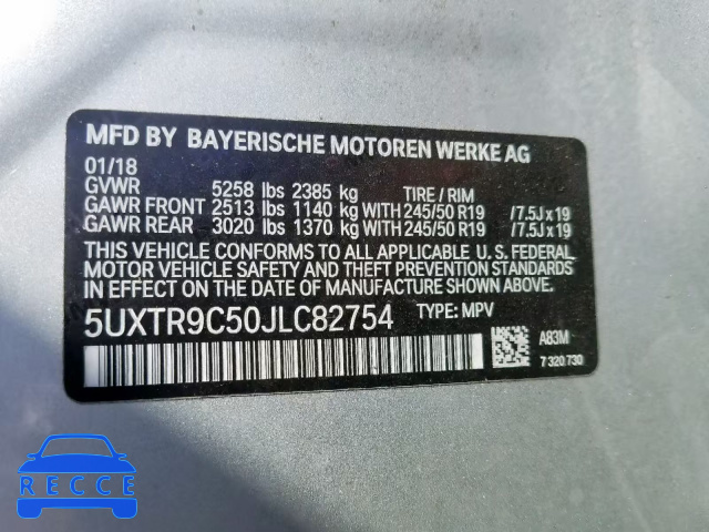 2018 BMW X3 XDRIVE 5UXTR9C50JLC82754 image 9