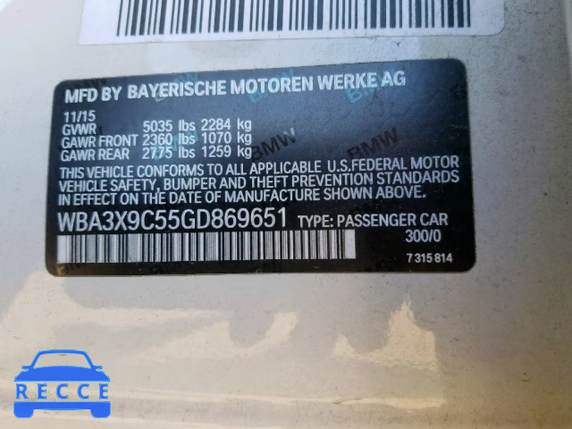 2016 BMW 335 XIGT WBA3X9C55GD869651 зображення 9
