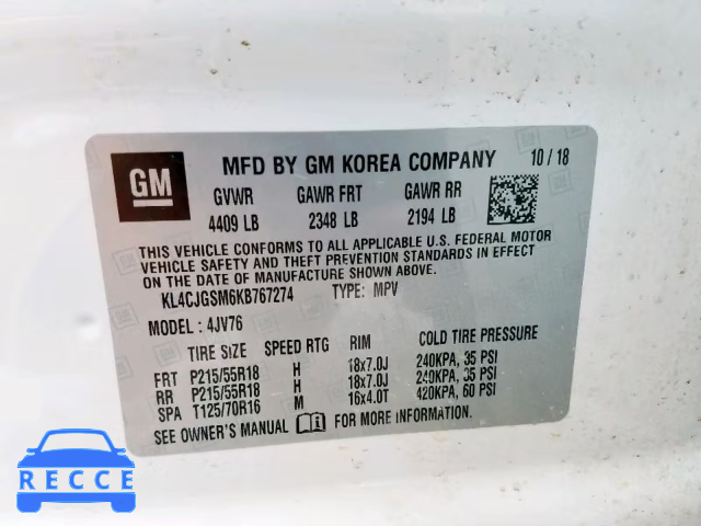 2019 BUICK ENCORE ESS KL4CJGSM6KB767274 image 9