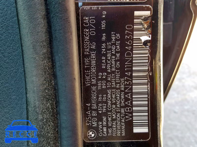 2001 BMW 3 SERIES WBAAN37411ND46370 image 9