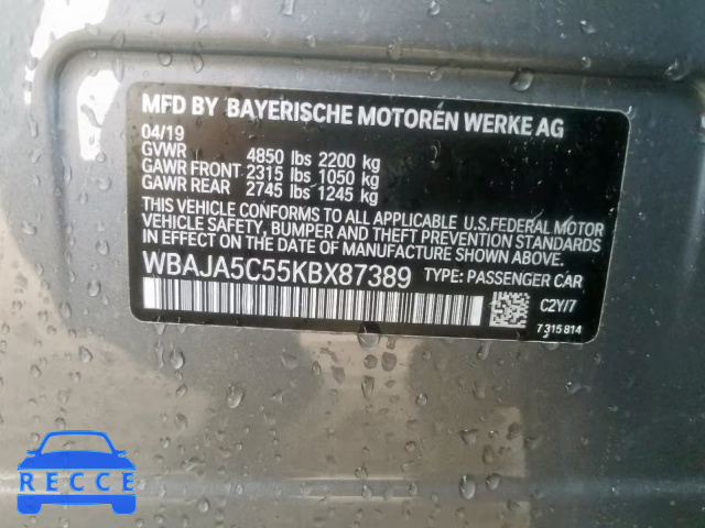 2019 BMW 530 I WBAJA5C55KBX87389 image 9