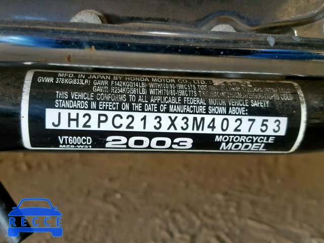 2003 HONDA VT600 CD JH2PC213X3M402753 зображення 9