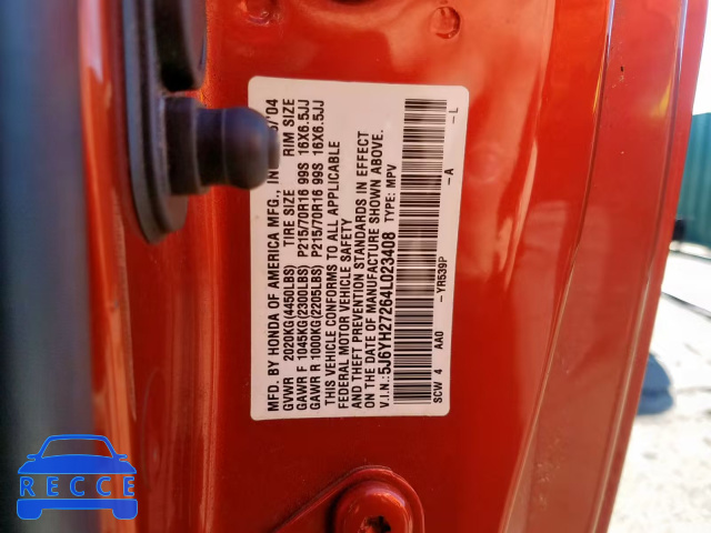 2004 HONDA ELEMENT DX 5J6YH27264L023408 image 9