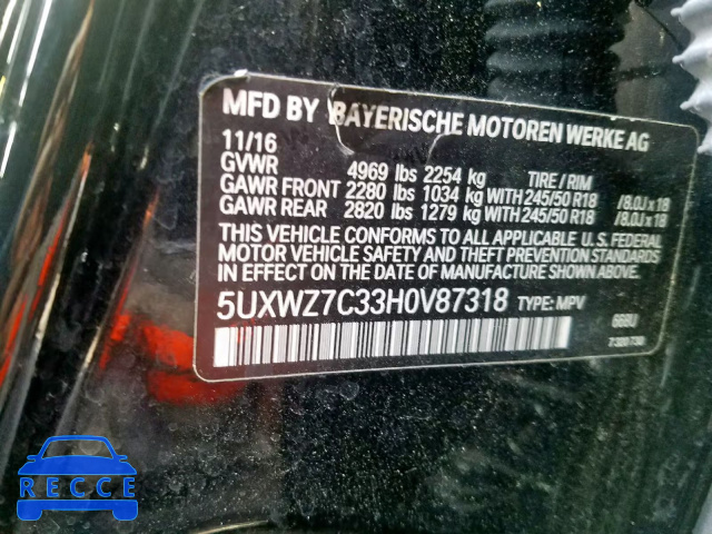 2017 BMW X3 SDRIVE2 5UXWZ7C33H0V87318 зображення 9