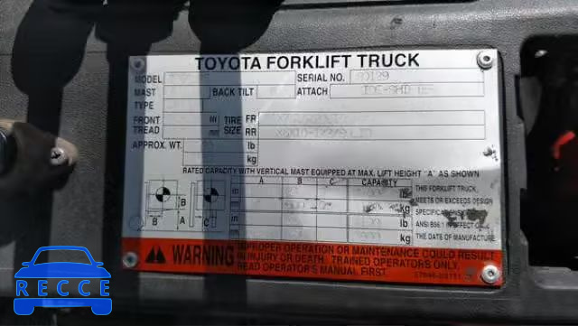 2003 TOYOTA FORKLIFT 7FGCU2580129 зображення 9