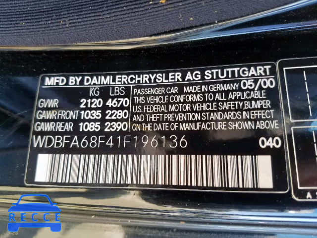 2001 MERCEDES-BENZ SL 500 WDBFA68F41F196136 image 9