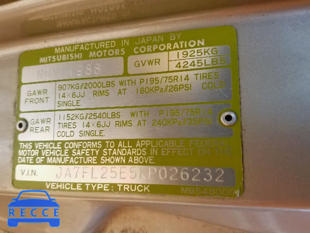1989 MITSUBISHI MIGHTY MAX JA7FL25E5KP026232 image 9