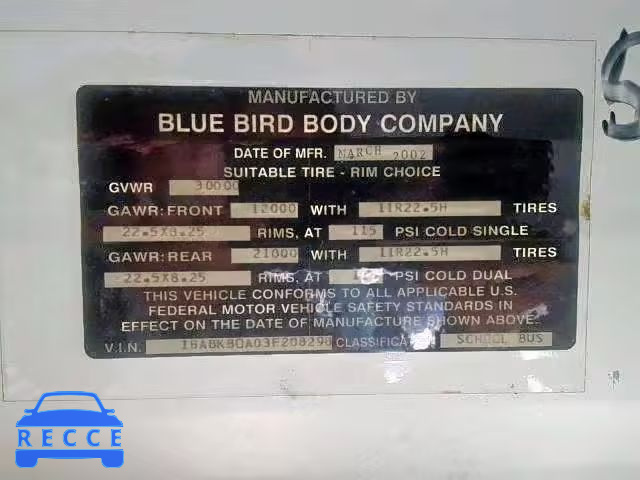 2003 BLUE BIRD SCHOOL BUS 1BABKB0A03F208298 зображення 9
