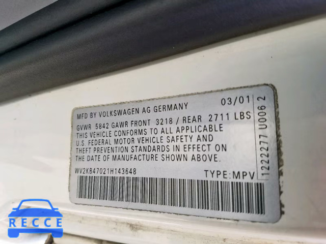 2001 VOLKSWAGEN EUROVAN GL WV2KB47021H143648 зображення 9