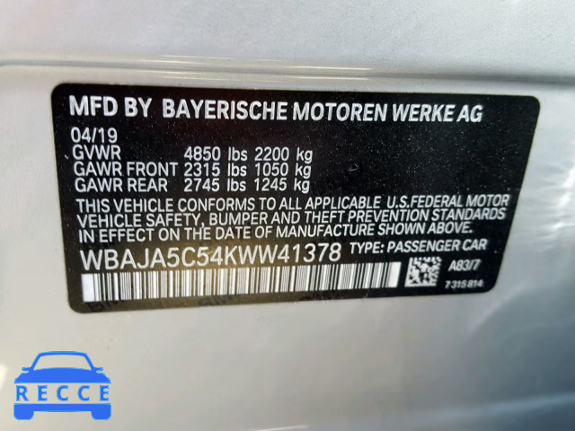 2019 BMW 530 I WBAJA5C54KWW41378 image 9