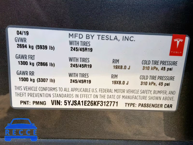 2019 TESLA MODEL S 5YJSA1E26KF312771 зображення 9