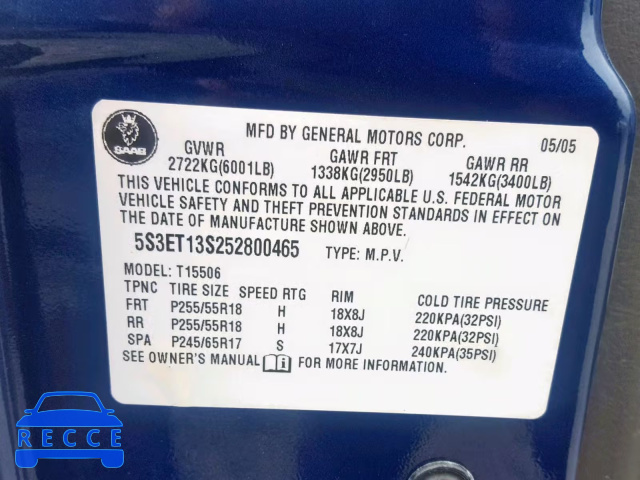2005 SAAB 9-7X LINEA 5S3ET13S252800465 зображення 9
