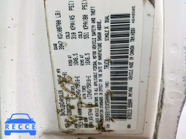 2001 DODGE RAM VAN B3 2B7KB31Y31K560006 image 9