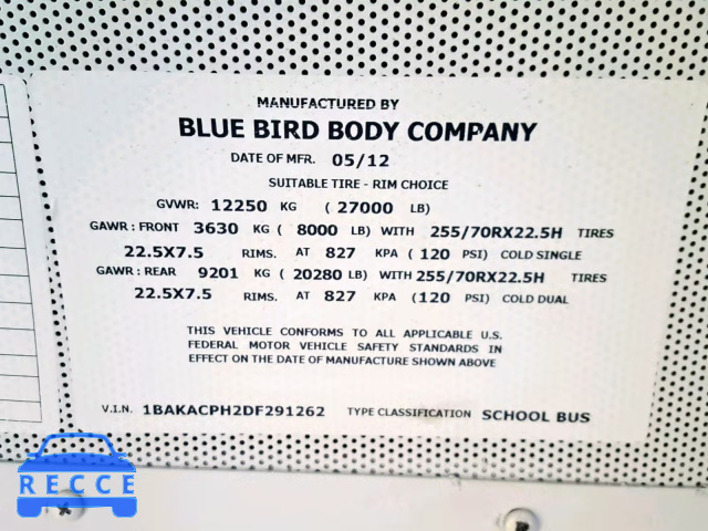 2013 BLUE BIRD SCHOOL BUS 1BAKACPH2DF291262 image 9