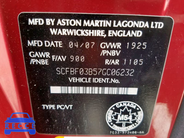 2007 ASTON MARTIN V8 VANTAGE SCFBF03B57GC06232 image 9