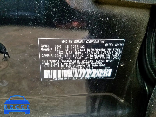 2019 SUBARU ASCENT PRE 4S4WMAFD1K3430941 image 9