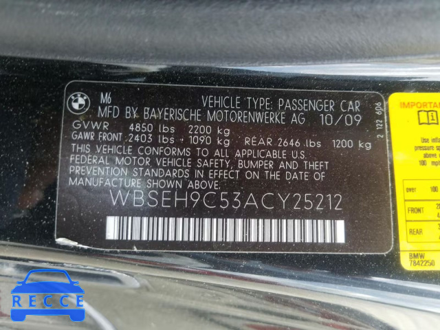 2010 BMW M6 WBSEH9C53ACY25212 зображення 9