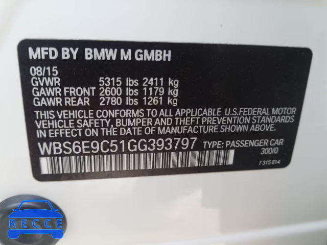 2016 BMW M6 GRAN CO WBS6E9C51GG393797 зображення 9