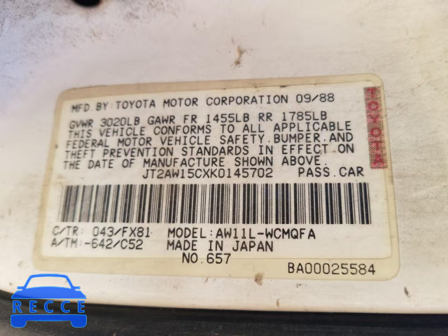 1989 TOYOTA MR2 JT2AW15CXK0145702 image 9