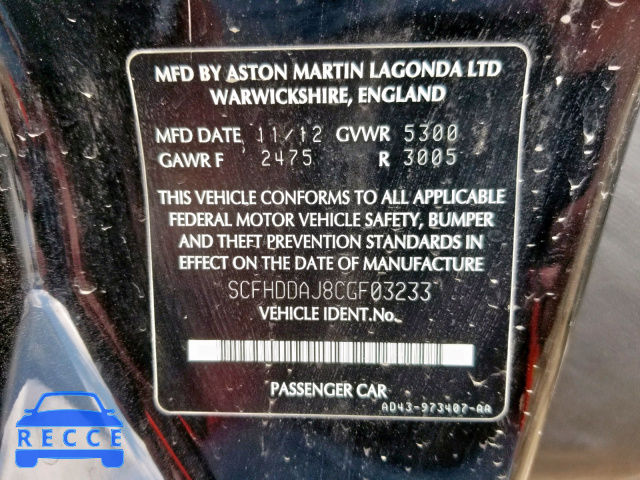 2012 ASTON MARTIN RAPIDE SCFHDDAJ8CGF03233 image 9