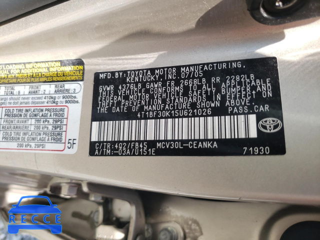 2005 TOYOTA CAMRY LE/X 4T1BF30K75U601282 image 9