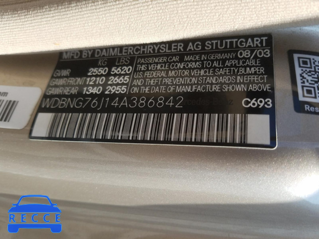 2004 MERCEDES-BENZ S 600 WDBNG76J14A386842 image 9