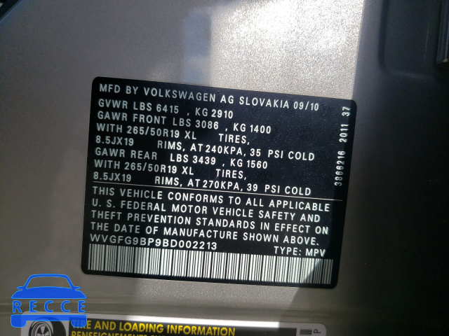 2011 VOLKSWAGEN TOUAREG HY WVGFG9BP9BD002213 image 9