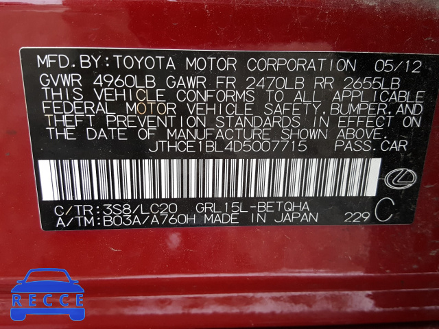 2013 LEXUS GS350 JTHCE1BL4D5007715 image 9