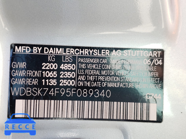 2005 MERCEDES-BENZ SL 55 AMG WDBSK74F95F089340 image 9