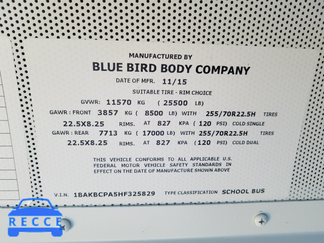 2017 BLUE BIRD SCHOOL BUS 1BAKBCPA5HF325829 зображення 9