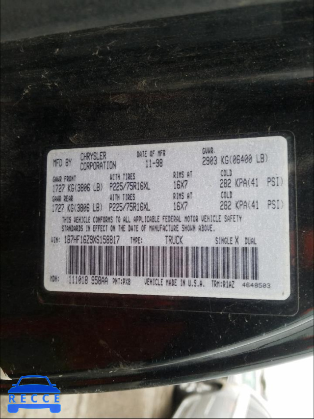 1999 DODGE RAM 1B7HF16Z9XS158817 image 9