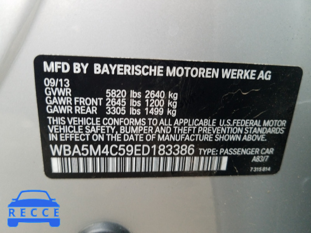 2014 BMW 535 XIGT WBA5M4C59ED183386 зображення 9