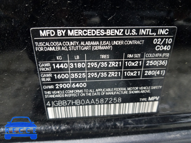 2010 MERCEDES-BENZ ML 63 AMG 4JGBB7HB0AA587258 зображення 9