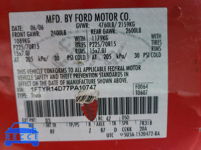 2007 FORD RANGER SUP 1FTYR14D77PA10747 image 9