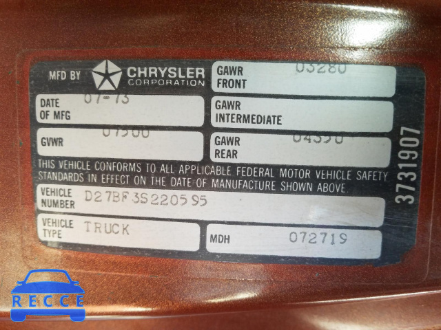1973 DODGE RAM D27BF3S220595 image 9