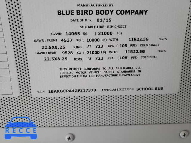 2016 BLUE BIRD SCHOOL BUS 1BAKGCPA4GF317379 зображення 9